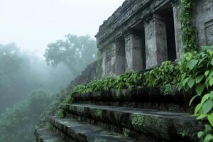 Stone steps, covered in moss, ascend to a set of ancient ruins. The site is shrouded in mist, with lush greenery embracing the weathered architecture, creating a mystical atmosphere photo