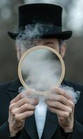 A figure dressed in formal attire stands holding a circular wooden frame, obscured by a cloud of smoke photo