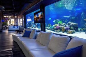 Aquarium luxury - stunning interior design large aquarium in modern luxury home, blending sophisticated architecture, serene aquatic life, sleek furniture to create elegant, tranquil photo