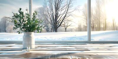 Winter Window View with Empty Table Background photo