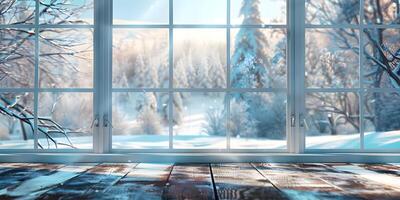 Empty Table with Winter Window Background photo