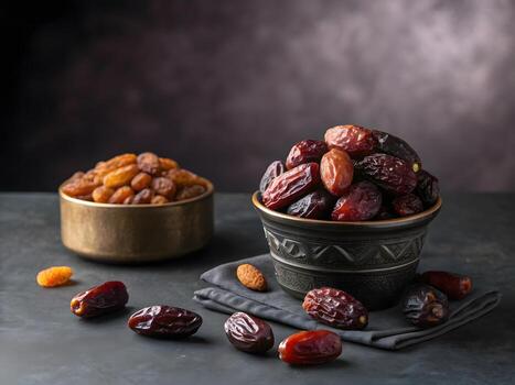 fechas en ollas en un oscuro mesa, y algunos fechas en piso, oscuro antecedentes foto