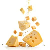 pieces of isolated cheese on white background different type of pieces of cheese droping photo