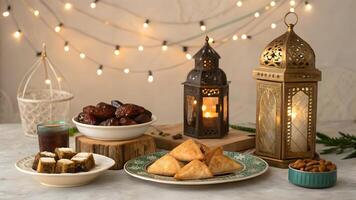 ramadan celebration elements background, Lantern with some other elements on a table in a room photo