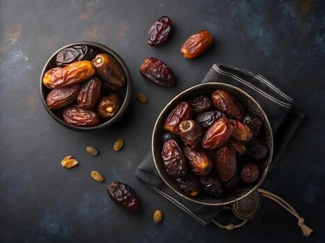 fechas en algunos ollas, algunos fechas alrededor en oscuro antecedentes foto