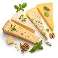 pieces of isolated cheese on white background many lefs around on it photo