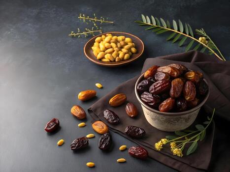 fechas en maceta, algunos fechas alrededor, oscuro antecedentes foto