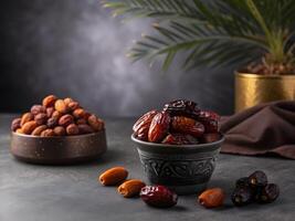 Dates on pots, and some dates on floor, dark background photo