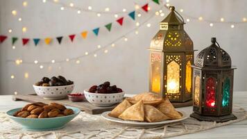 ramadan celebration elements background, Lantern with some other elements on a table photo
