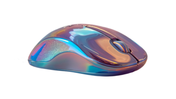 3D chrome element in Y2K style, isolated background, liquid holographic metal. Computer mouse with a rainbow design on it, colorful. png