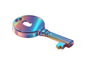 3D chrome element in Y2K style, isolated background, liquid holographic metal. Shiny, rainbow colored key with a hole in the middle, metallic and has a silver handle. png