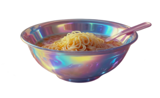 3D chrome element in Y2K style, isolated background, liquid holographic metal. Bowl of noodles with a spoon in it made of a shiny, reflective material. png