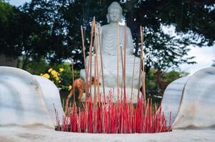 a bowl of incense on the background of a white Buddha in foliage at the Da Nang pagoda Linh ung photo