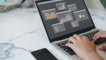 Business people use computers to analyze business and manage corporate data, Metrics and KPIs to improve organizational performance, Business analytics with charts, Financial organization strategy. photo