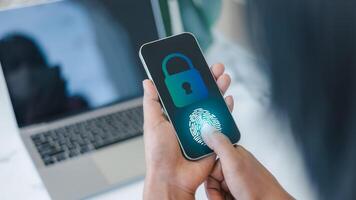 Fingerprint biometric identity scan and approval of businessman, Secure access granted by valid fingerprint scan, Business technology safety internet network concept, Screen of biometric digital. photo