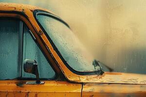 Yellow car in rainy weather with misty background showcasing artistic expression and modern design elements photo