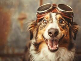 Happy collie dog wearing aviator hat captures joy in a whimsical setting photo