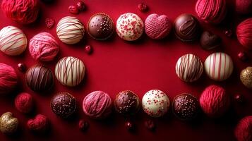 Chocolate candies on red background photo