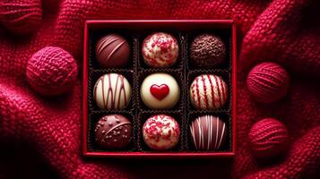 Box of assorted chocolates on red background photo