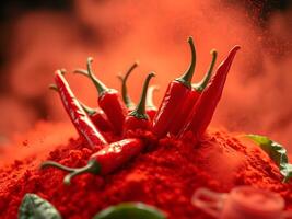 Fiery red chili peppers exploding in vibrant orange spice clouds, symbolizing intense heat and bold flavors photo