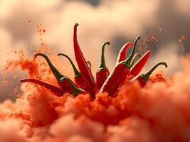 Fiery red chili peppers exploding in vibrant orange spice clouds, symbolizing intense heat photo