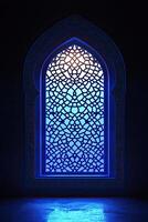 3D Rendered Islamic Mosque Interior with Moonlight Glow, Ramadan Kareem background, Islamic Mosque Illuminated by Soft Moonlight, Elegant Ramadan Kareem 3D Illustration photo