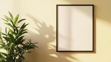Empty Frame Mockup, A stylish black framed mockup in a minimalist interior setting with a leafy plant casting soft shadows on the wall, perfect for displaying your artwork, design, or message photo