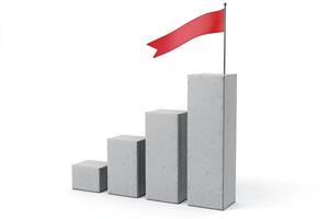 Concrete Growth Steps with Red Flag on Top - Concrete stair steps arranged progressively higher, ending with a red flag on the highest step. Isolated on a white background, concept of success. photo