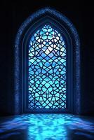 3D Rendered Islamic Mosque Interior with Moonlight Glow, Ramadan Kareem background, Islamic Mosque Illuminated by Soft Moonlight, Elegant Ramadan Kareem photo