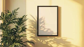 a blank rectangular vertical picture frame mockup hanging on wall photo