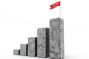Concrete Growth Steps with Red Flag on Top - Concrete stair steps arranged progressively higher, ending with a red flag on the highest step. Isolated on a white background, concept of success photo
