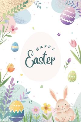 Happy Easter frame. Easter design with bunny in pastel colors and text. Poster, greeting card, banner.
