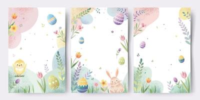 Easter background with eggs, bunny, chick, tulips. Springtime template. Spring greeting cards with place for text. vector