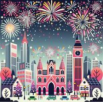 Fireworks show at night in middle of the city vector