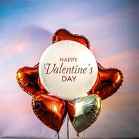 Romantic Valentine's Day themed design showcasing a vibrant cluster of metallic heart-shaped balloons in red, white, and gold. photo