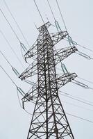A tall High Voltage Power Transmission Tower stands prominently against a cloudy overcast sky photo