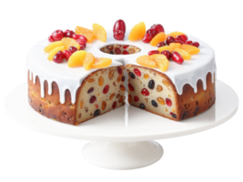 Fruitcake Densely studded fruitcake with candied fruit and nuts, sliced to show interior, transparent backdrop. png