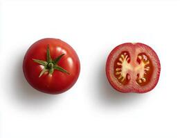 Six slices of tomatoes are arranged in a grid, showcasing their juicy, seed-filled centers against a white background. The textures and vibrant red color are prominent photo