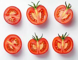 Six slices of tomatoes are arranged in a grid, showcasing their juicy, seed-filled centers against a white background. The textures and vibrant red color are prominent photo