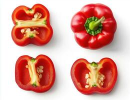 Two red bell peppers are sliced in half and placed side by side. The white seeds and inner flesh are clearly visible against a white background. photo