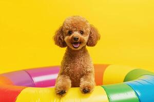 happy poodle in colorful inflatable pool 2 photo