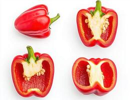 Two red bell peppers are sliced in half and placed side by side. The white seeds and inner flesh are clearly visible against a white background. photo