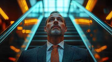 A man in a suit and tie standing on an escalator photo