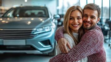 A couple hugging in front of a car photo