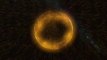 An abstract energy sphere of yellow color is saturated with grains of small moving particles. video
