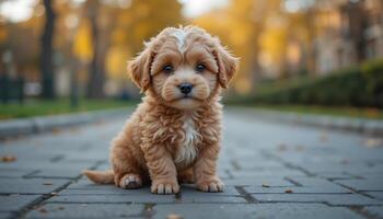 Puppy Sits on a Cobblestone Path in Autumn photo