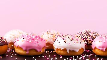 Row of colorful donuts with pink, white, and chocolate glaze, topped with vibrant sprinkles on dark surface. Pastel pink background, perfect for bakery promotions, sweet treats photo