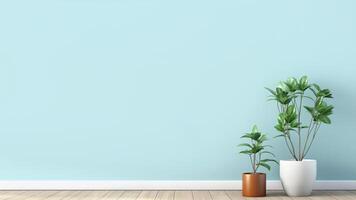 Minimalist interior with copy space light blue wall and wooden floor, and two green potted plants on right corner. Ideal for text overlay or showcasing products in calm and serene setting photo