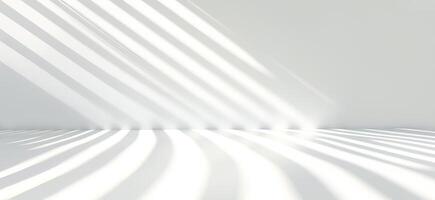 Abstract minimalistic interior with sunlight streaming through blinds, casting dynamic light and shadow patterns on smooth, white surface. Empty room with clean, emphasizing soft lines of photo