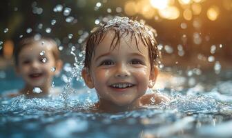 Carefree Boy Enjoying Water Play, Laughing, Playing with Floating Toys in Poolside Fun photo
